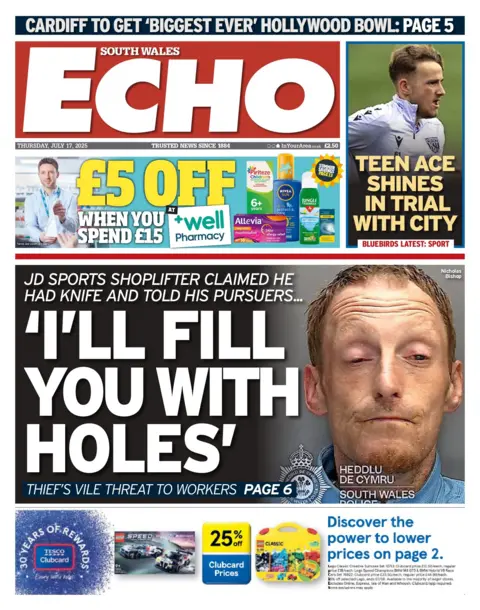 South Wales Echo South Wales Echo front page. The main image is a mugshot of a man with his eyes partially closed. With the sub headline that says JD Sports shoplifter claimed he had knife and told his pursuers... "I'll fill you with holes" Thief's vile threat to workers page six. Above is a picture of a football player in a white jacket with the headline teen ace shines in trial with city.