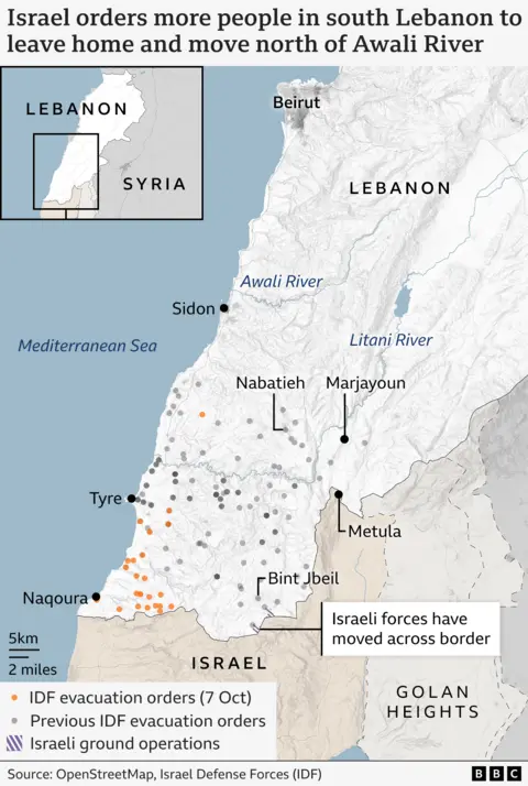 Mapa que muestra las órdenes de evacuación israelíes en el sur del Líbano