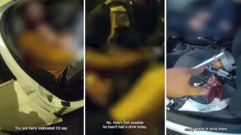 West Midlands Police A composite of three images from the police video, showing blurred suspect faces and subtitles of the dialogue. One reads "You are fairly inebriated, I'd say", a second "No. How's that possible, he hasn't had a drink today", and the third "..empty bottle of drink there".