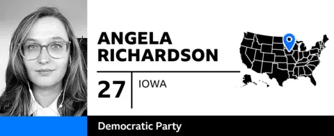 The graphic features a photo of Angela Richardson, 27, of Iowa