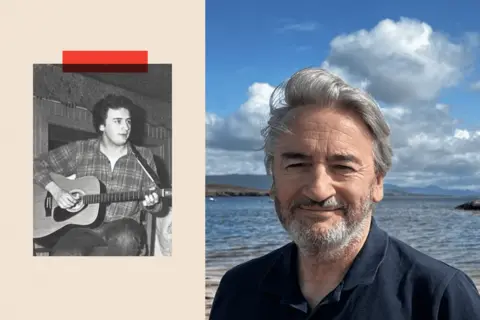 A recent photo of Fergal Keane, and of him as an aspiring young folk singer back in Limerick in the 1980s.