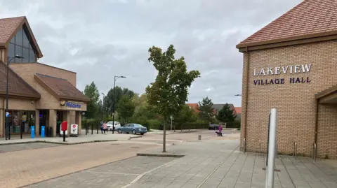 Amy Holmes/BBC There is a village hall on one side of the road with shops on the other side. In between the two there is a small tree and some car parking spaces.