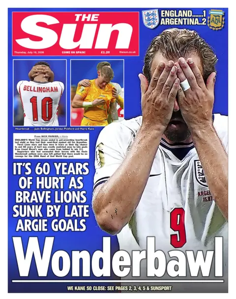 "It's 60 years of hurt as brave Lions sunk by late Argie goals," reads the headline on the front page of the Sun. 