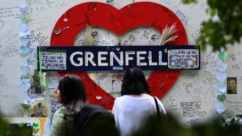EPA People stand in front of tributes on the Grenfell wall in London, Britain