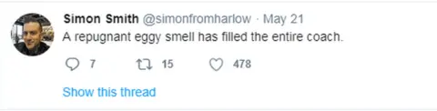 Twitter Mr Smith complained about a "repugnant eggy smell" on the coach