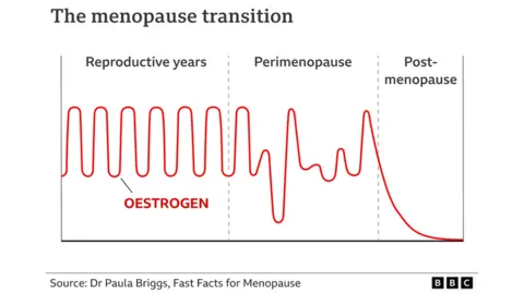 . Graphic showing declining levels of oestrogen during the menopause transition