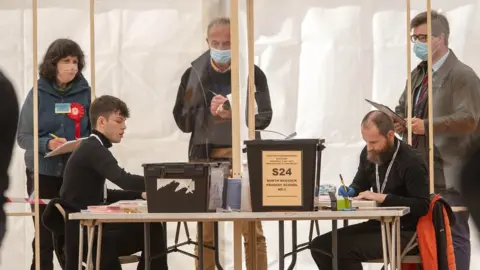 PA Three people with clipboards watch two counters in Inverness