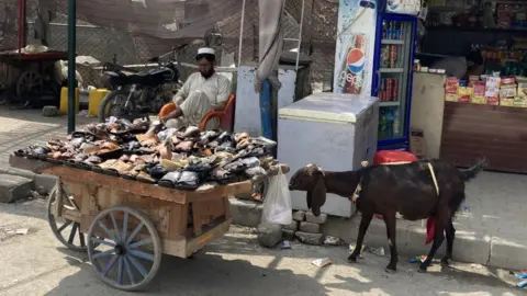 Shoes for sale on a cart with a curious goat standing next to it