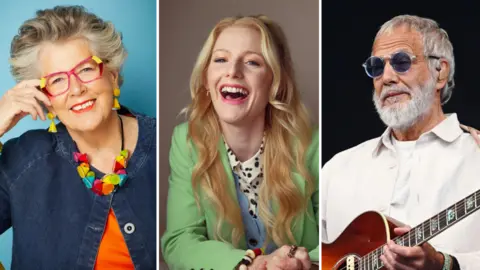 A composite of three images: Prue Leith - an older woman with colourful jewellery, Hannah Spencer - a younger woman with long blonde hair - and Cat Stevens - a man wearing a white jacket and holding a guitar
