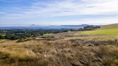 Chris Shein/Wyre Films A large piece of land with brown grassland in the foreground. In the background are green fields and lots of green trees. In the distance is a large hill with mist and cloud covering its mid section