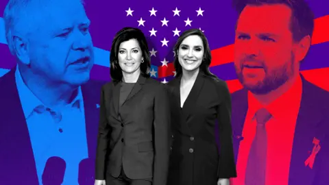 BBC JD Vance (left) and Tim Walz (right) with CBS debate moderators Norah O'Donnell (left) and Margaret Brennan in the middle 