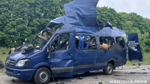 Photo purportedly showing a civilian bus destroyed in a Russian drone attack in Ukraine's north-eastern Sumy region. Photo: 17 May 2025