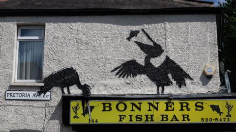 The image of two pelicans in silhouette fishing above fish shop