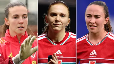 Olivia Clark, Ceri Holland and Laura Hughes on Wales duty 