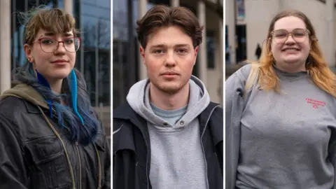 Composite image of three students. Left - A young woman with brown hair and glasses. Centre - A young man with dark hair and a hoody. Right - A young woman with blonde hair and glasses.