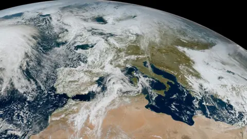 Eumetsat Clouds move across continental Europe and northern Africa