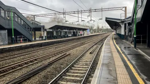 An empty Northampton railway station, with no trains or passengers