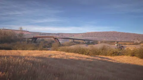 A computer-generated impression of the footbridge stretching over the dual carriageway with fields in the foreground.  