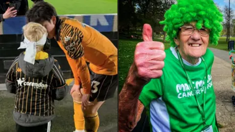 Two images: on the left a footballer in an orange kit talks to a small boy. On the right an older man wearing a green shirt puts his thumb up to the camera