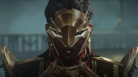 Netflix A character in gold armour and matching mask stares menacingly at the viewer in this screengrab from animated series Arcane.