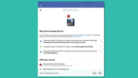 Facebook Targeting information on Campaign against Corbynism ad