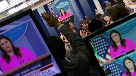 Getty Images White House Press Secretary Sarah Huckabee Sanders conducts a news conference in the Brady Press Briefing Room at the White House October 10, 2017 in Washington, DC.