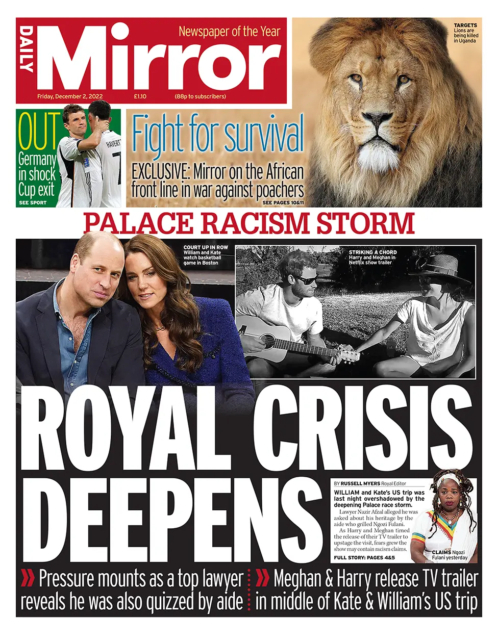 The headline on the front page of the Daily Mirror reads 'Royal crisis deepens'