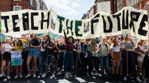 Getty Images/NurPhoto Teach the Future banner at climate demo