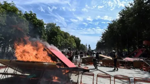 AFP Demonstrators set ablaze a barricade at the rally in Nantes, France