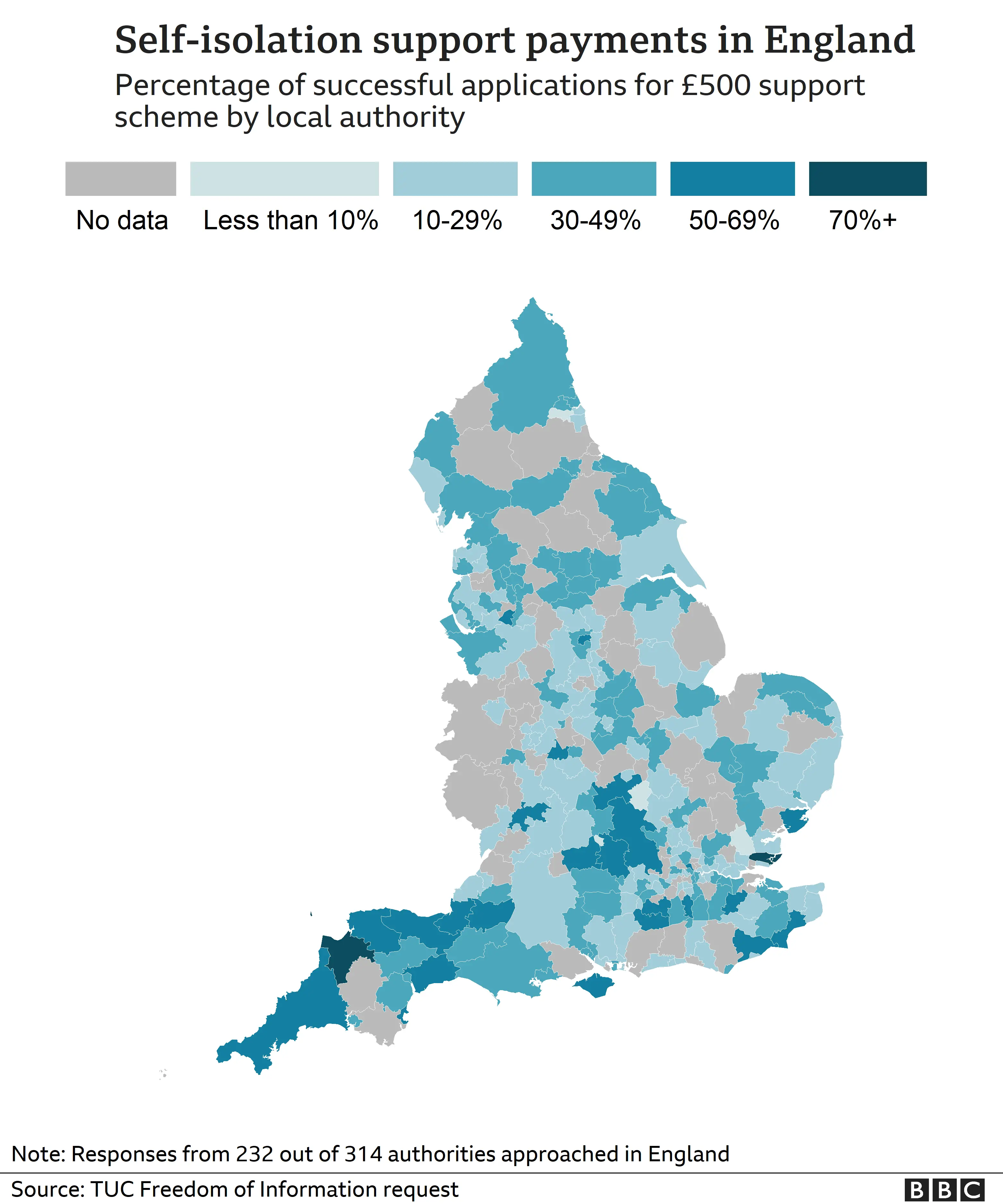 map showing areas with the most/least successful applications for support grant