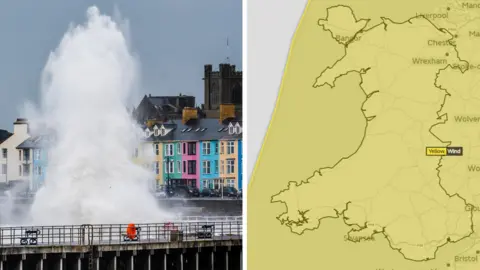 Keith Morris / Met Office Waves crash over Aberystwyth and a graphic showing the weather warning over the whole of Wales on Thursday
