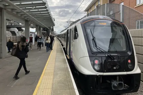 BBC Elizabeth line train at Abbey Wood station