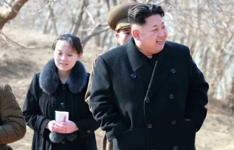 AFP PHOTO/KCNA VIA KNS North Korean leader Kim Jong-Un with his sister Kim Yo-Jong