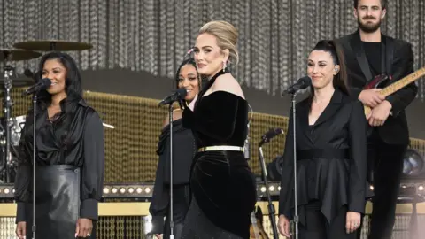 Getty Images Adele with her backing singers and band in Hyde Park