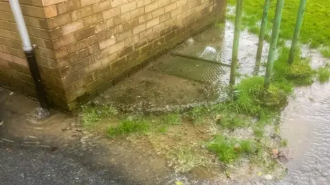 Water pooling on grass and a path from a sewer grate at at a pumping station