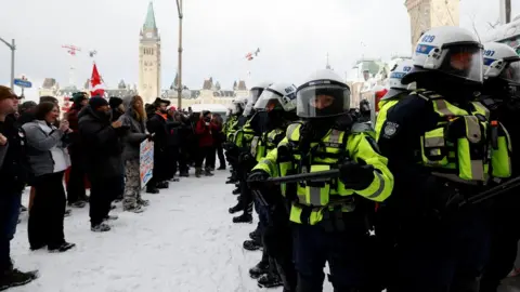 Reuters A stand-off between protesters and police on Saturday