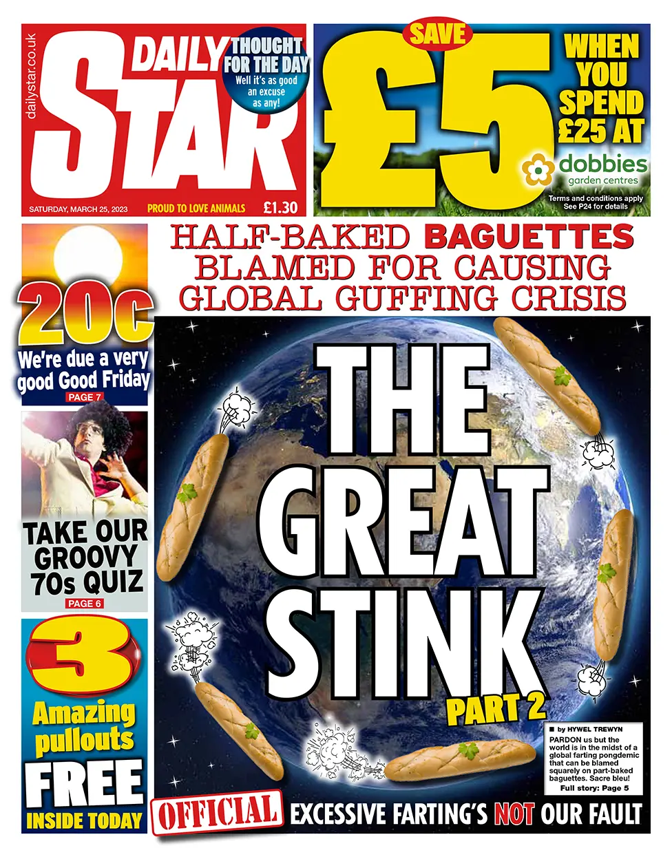 Front page of the Daily Star, 25/03/2023