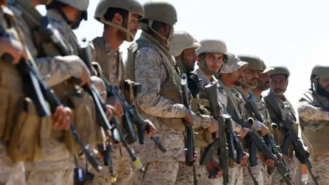 Reuters Saudi soldiers at an airfield where military cargo planes land to deliver aid in Marib, Yemen January 26, 2018