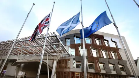 PA Union Jack, Saltire and European Union flag outside the Scottish Parliament