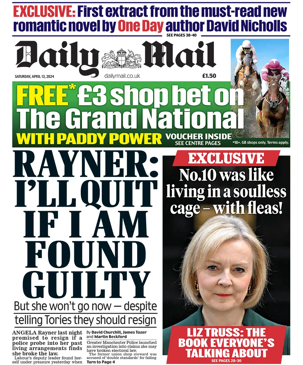 BBC Daily Mail headline reads: "Rayner: I'll quit if I am found guilty"