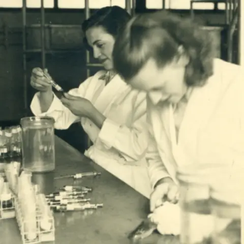Audrey Peattie Pregnancy testing with toads in the early 1950s at the NHS laboratory in Watford. Audrey injects a toad with urine from a possibly pregnant woman