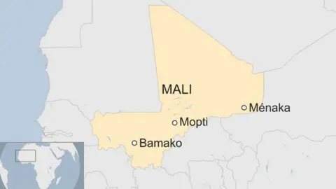 BBC Map of Mali with its capital Bamako, and Mopti and Manaka regions highlighted