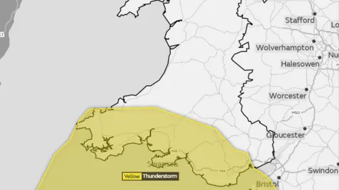 The Met Office A map of Wales with a yellow weather warning in the south