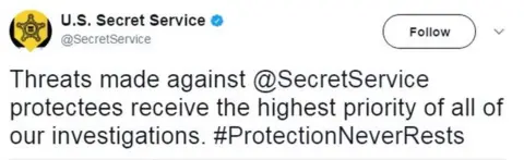 Twitter - SecretService Tweet from the US Secret Service reads: "Threats made against @SecretService protectees receive the highest priority of all of our investigations. #ProtectionNeverRests"
