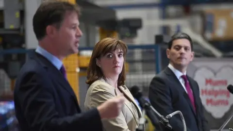 PA David Miliband, Nick Clegg and Nicky Morgan speaking in Essex