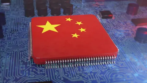 Getty Images China flag superimposed on microchip.