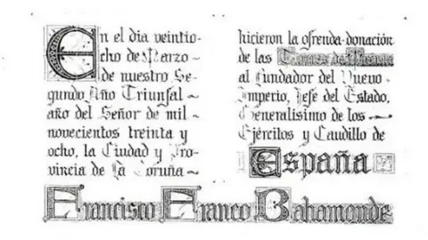 Courtesy of Carlos Babío Parchment shows the donation of the palace to Franco