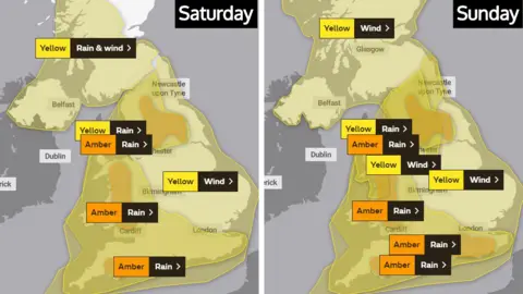 Met Office Two maps of UK showing weather warnings in place on Saturday and Sunday