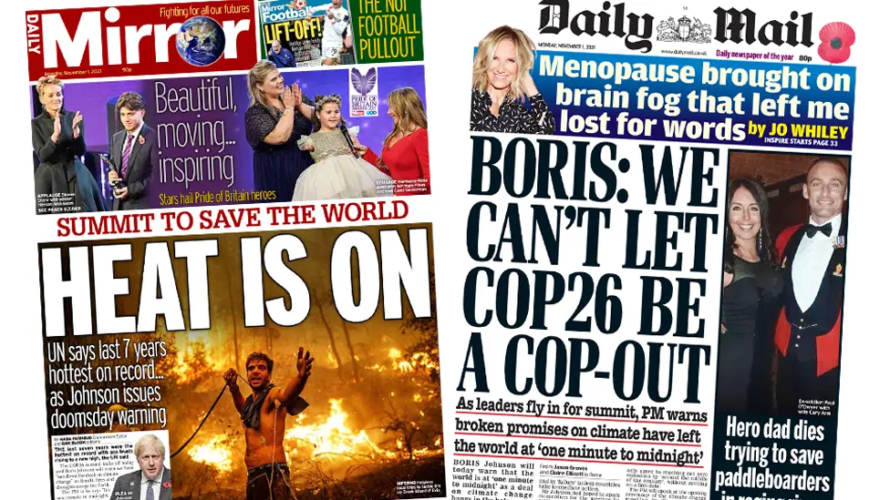 The Daily Mirror and the Daily Mail front pages 1 November 2021