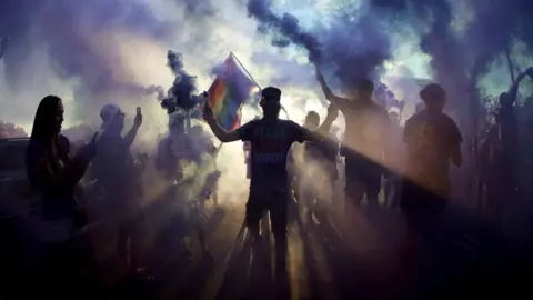 Orlando City Supporters march to the stadium prior to the game against the New England Revolution at Orlando City Stadium. 27 September 2017